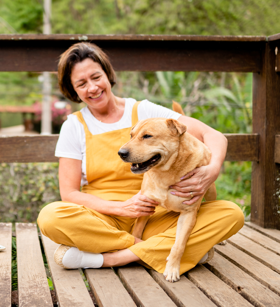 a dog sitting on top of a wooden bench